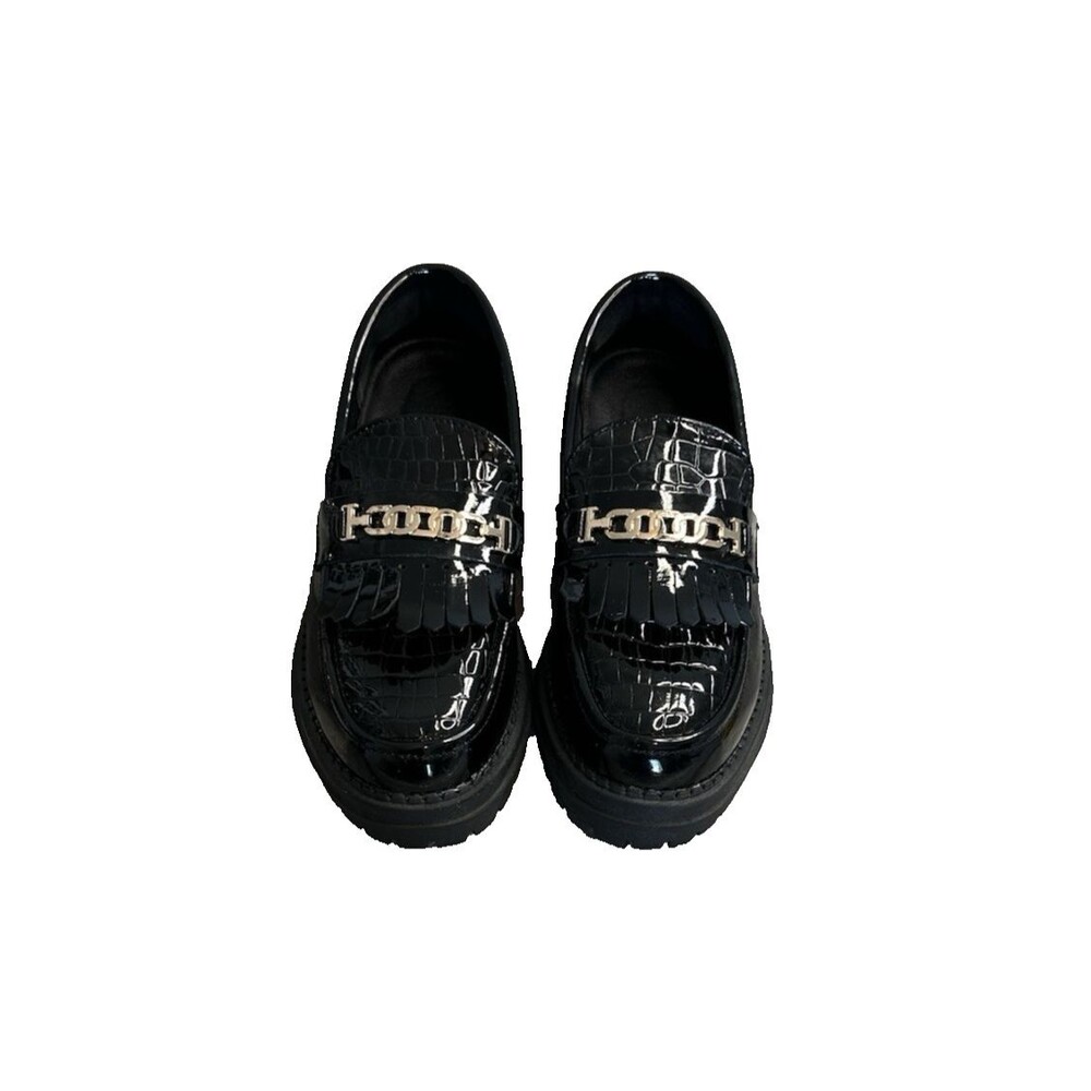 Black Loafers for Women Platform Slip On Dress Shoes Patent Leather Lug Sole